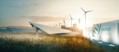 Solar panels and windmills in a field